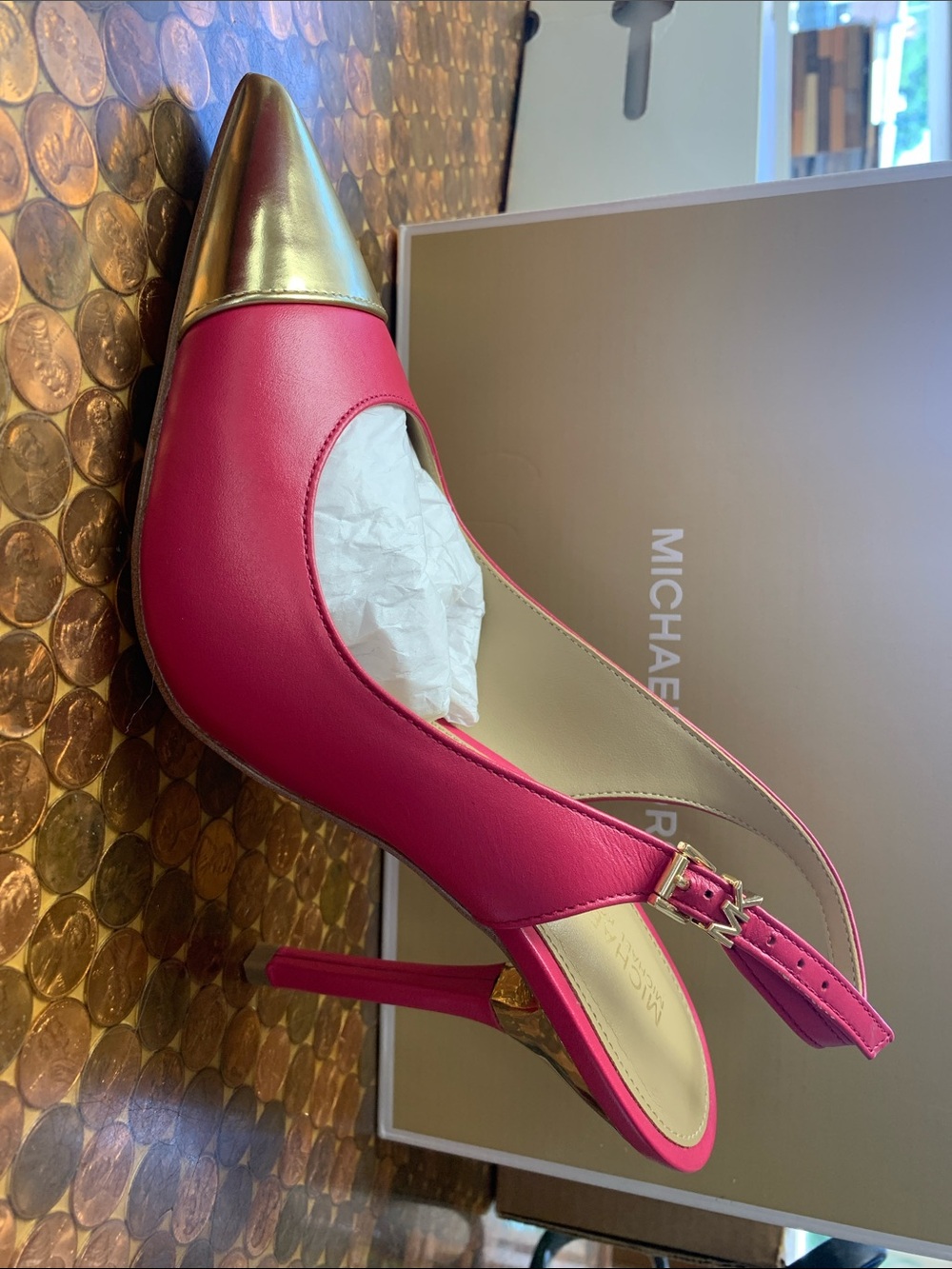 Michael Kors Women's Pink Slingback Pumps with Gold Toe - Picture 3 of 5